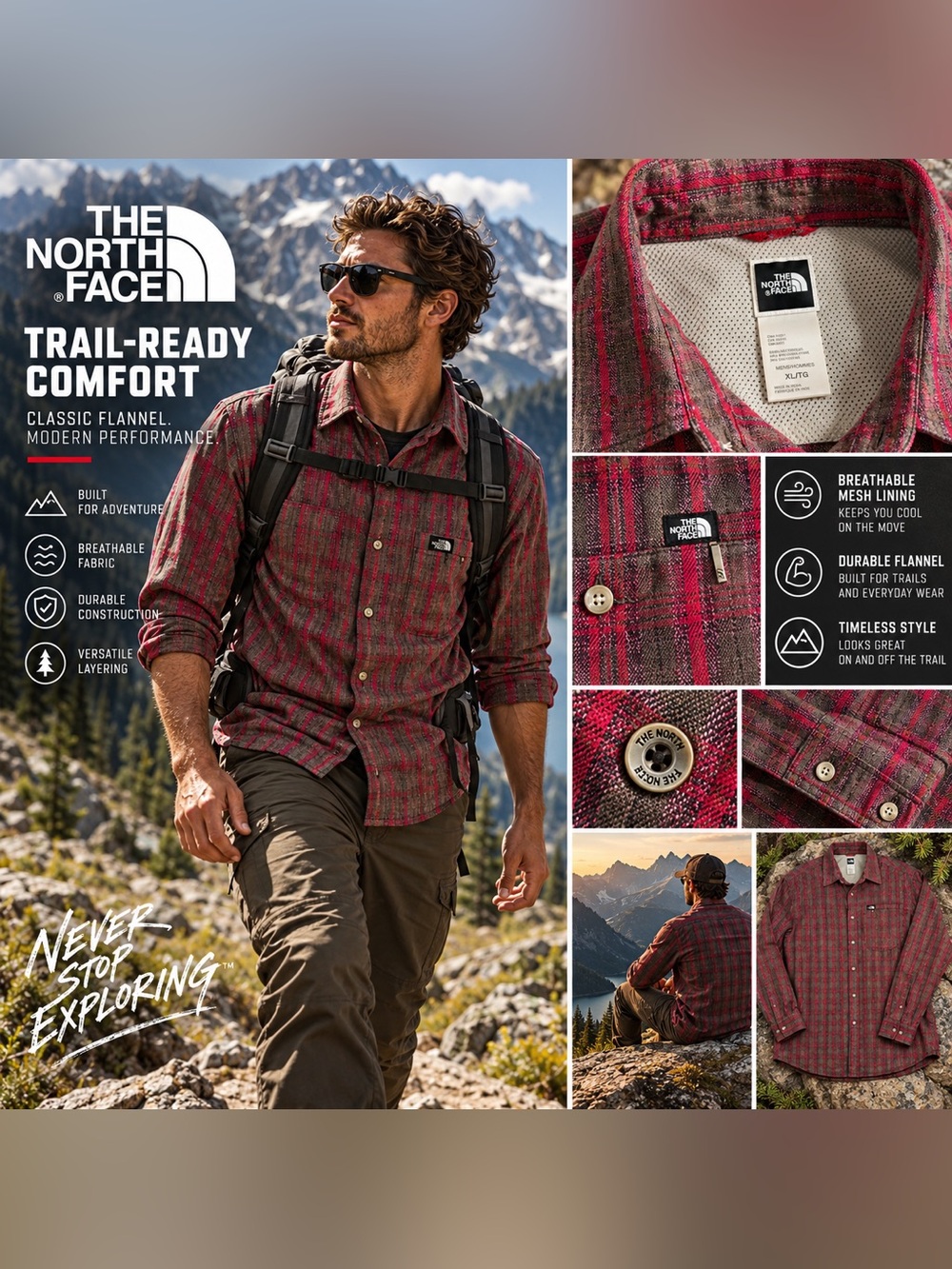 The North Face Plaid Button Down Red & Gray XL